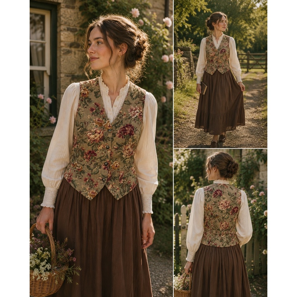 Vintage Orvis Floral Tapestry Vest Cottagecore Grandmillennial Linen USA M
